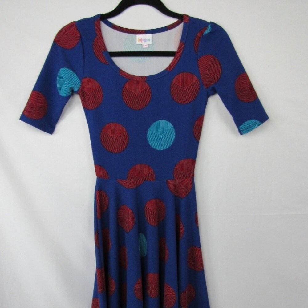NWT Lularoe Nicole Dress XL, Dark Blue with Red and Teal Circles